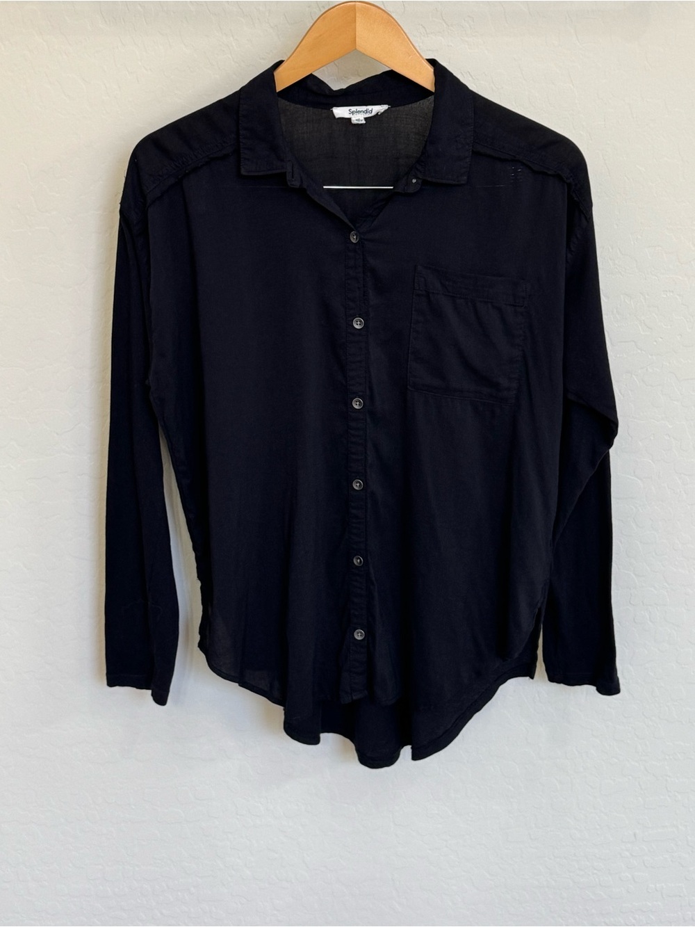 Splendid Mixed Media Button-Down Shirt Black XS Cotton Viscose High-Low